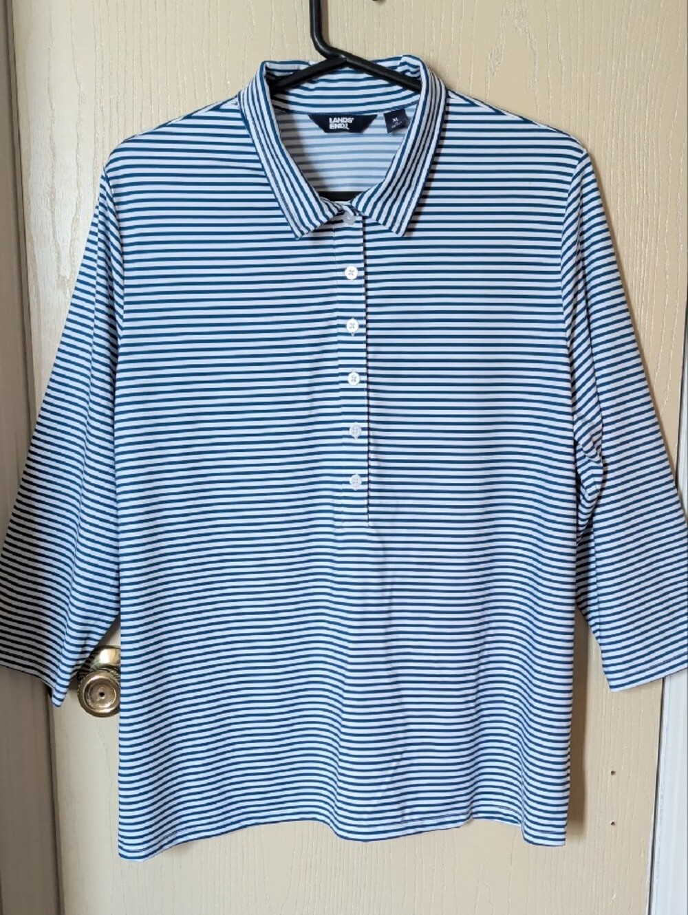 Lands' End Women's Navy White Striped Polo Top Size 18 | 3/4 Sleeve Stretch Knit